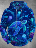 Oceanlyte Men's Graphic Neon Sea Turtle And Jellyfish Print Long Sleeve Hoodie