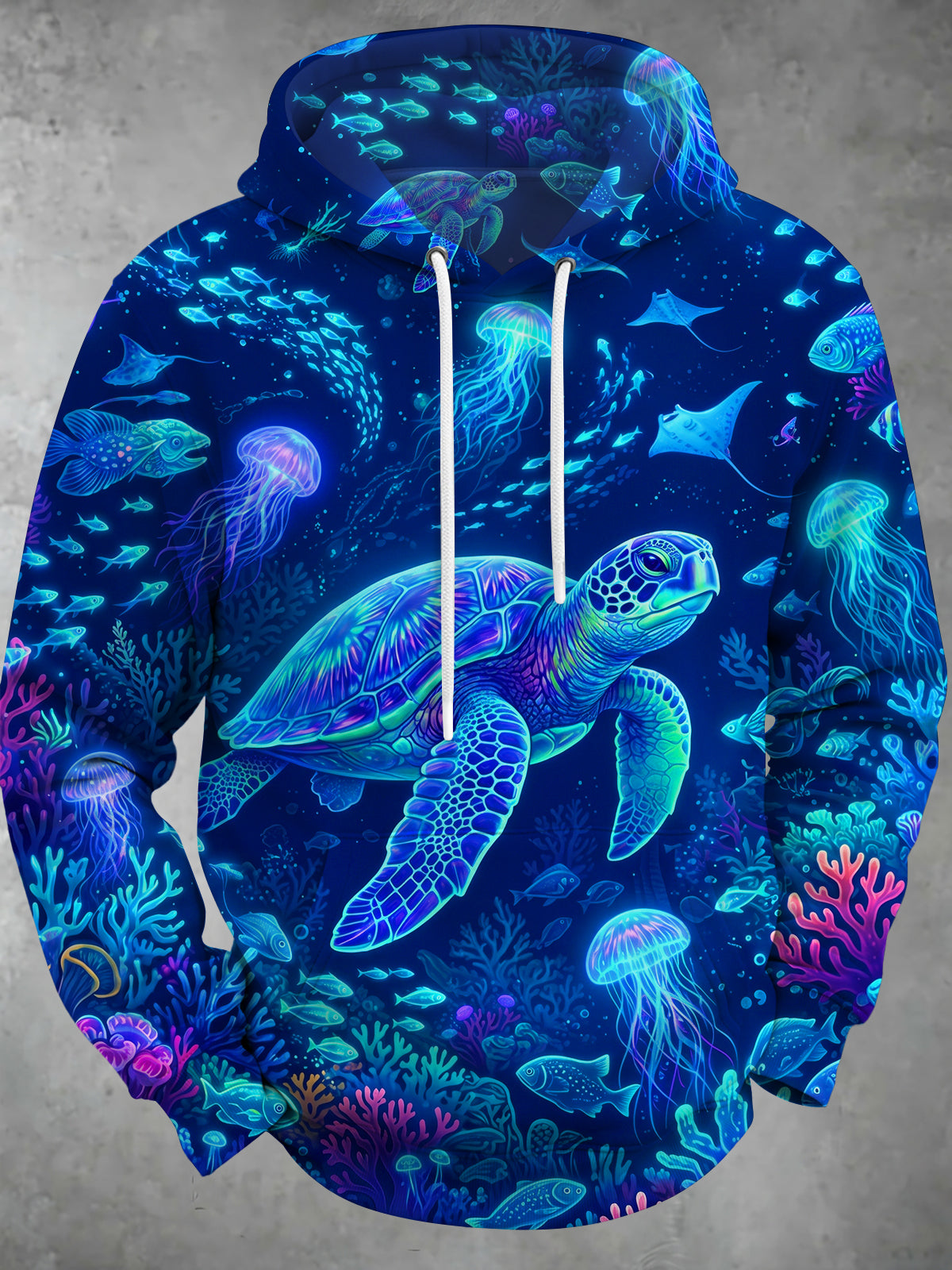 Oceanlyte Men's Graphic Neon Sea Turtle And Jellyfish Print Long Sleeve Hoodie