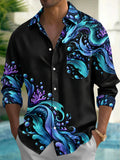 Oceanlyte Men's Hawaiian Dragon And Ocean Waves Print Long Sleeve Shirt with Chest Pocket