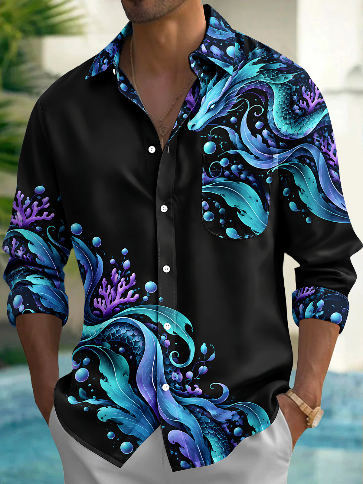 Oceanlyte Men's Hawaiian Dragon And Ocean Waves Print Long Sleeve Shirt with Chest Pocket