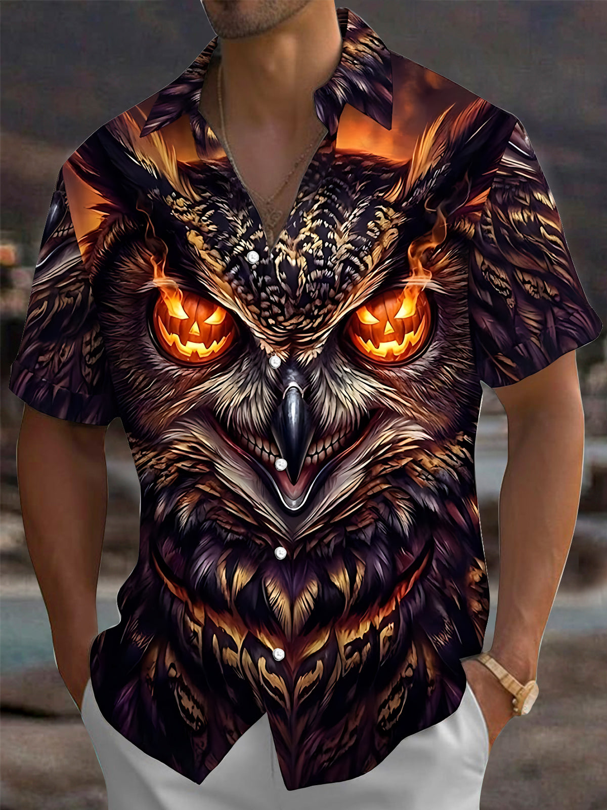 Oceanlyte Men's Halloween Owl With Jack-o-lantern Eyes Print Short Sleeve Shirt with Chest Pocket