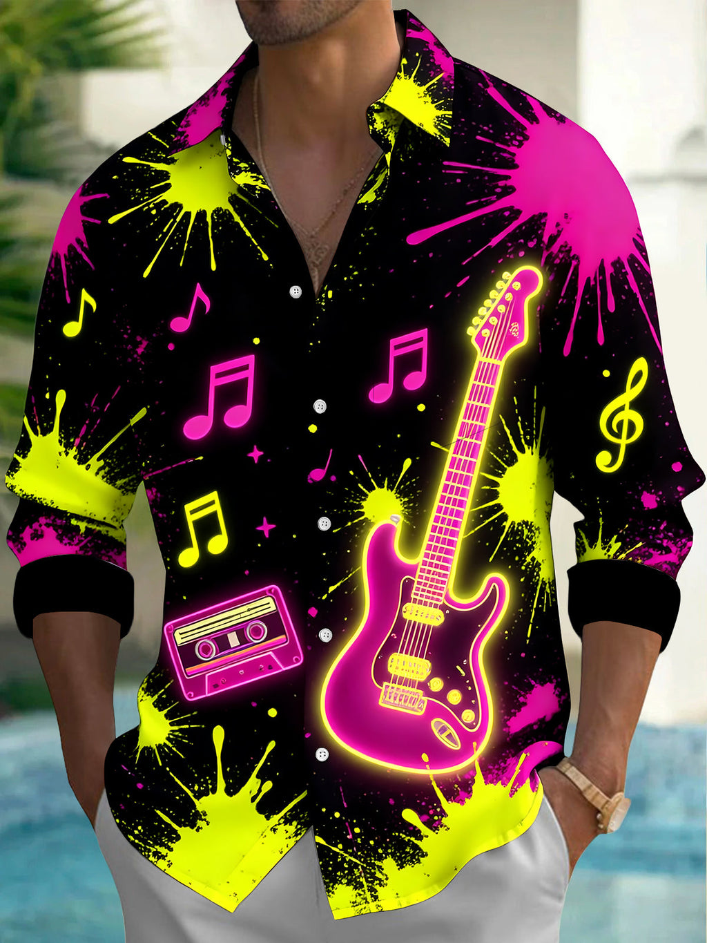 Oceanlyte Men's Neon Electric Guitar And Music Notes Print Long Sleeve Shirt with Chest Pocket