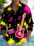 Oceanlyte Men's Neon Electric Guitar And Music Notes Print Long Sleeve Shirt with Chest Pocket