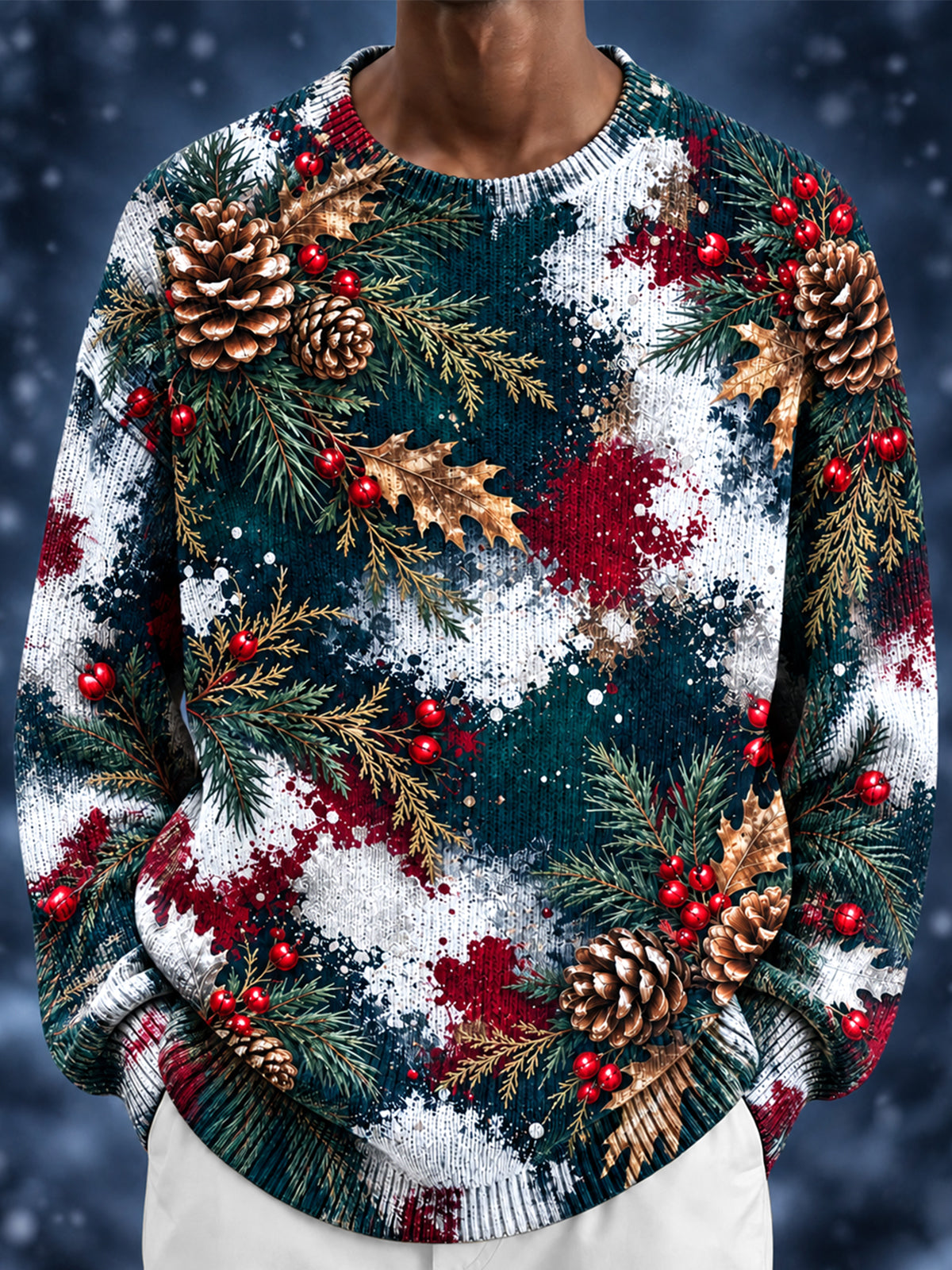Oceanlyte Men's Long Sleeve Crew Neck Sweater - Christmas Pinecones And Pine Branches With Red Berries Print