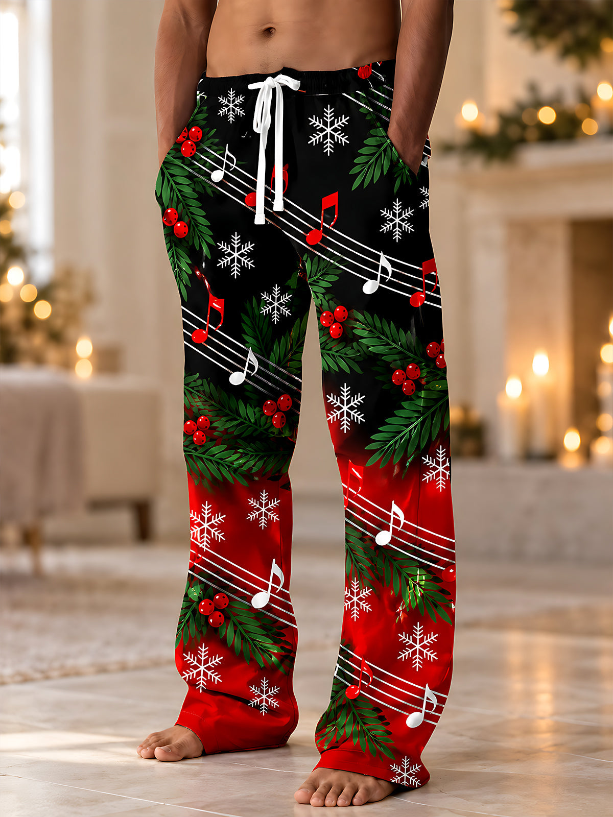 Oceanlyte Men's Printed Christmas Musical Notes And Snowflakes Print Pants