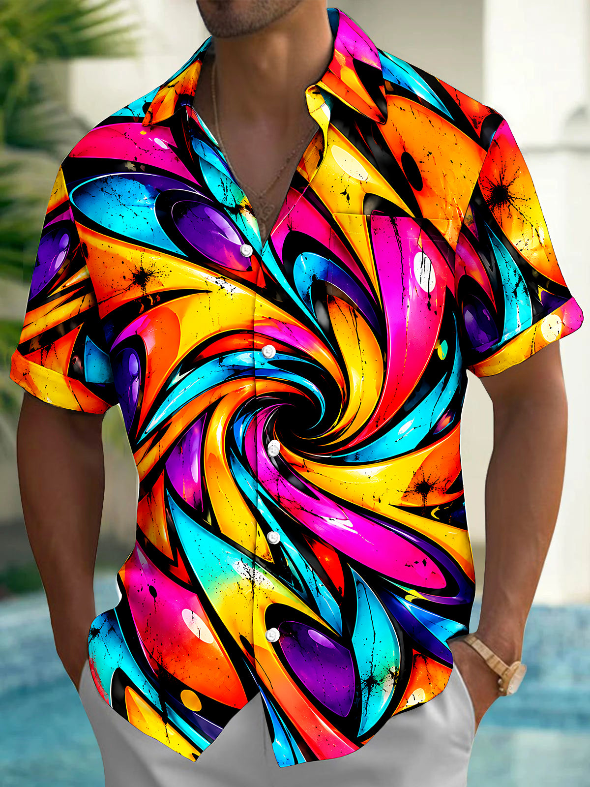 Oceanlyte Men's Short Sleeve Shirt - Abstract Psychedelic Swirls And Splatters Print with Chest Pocket