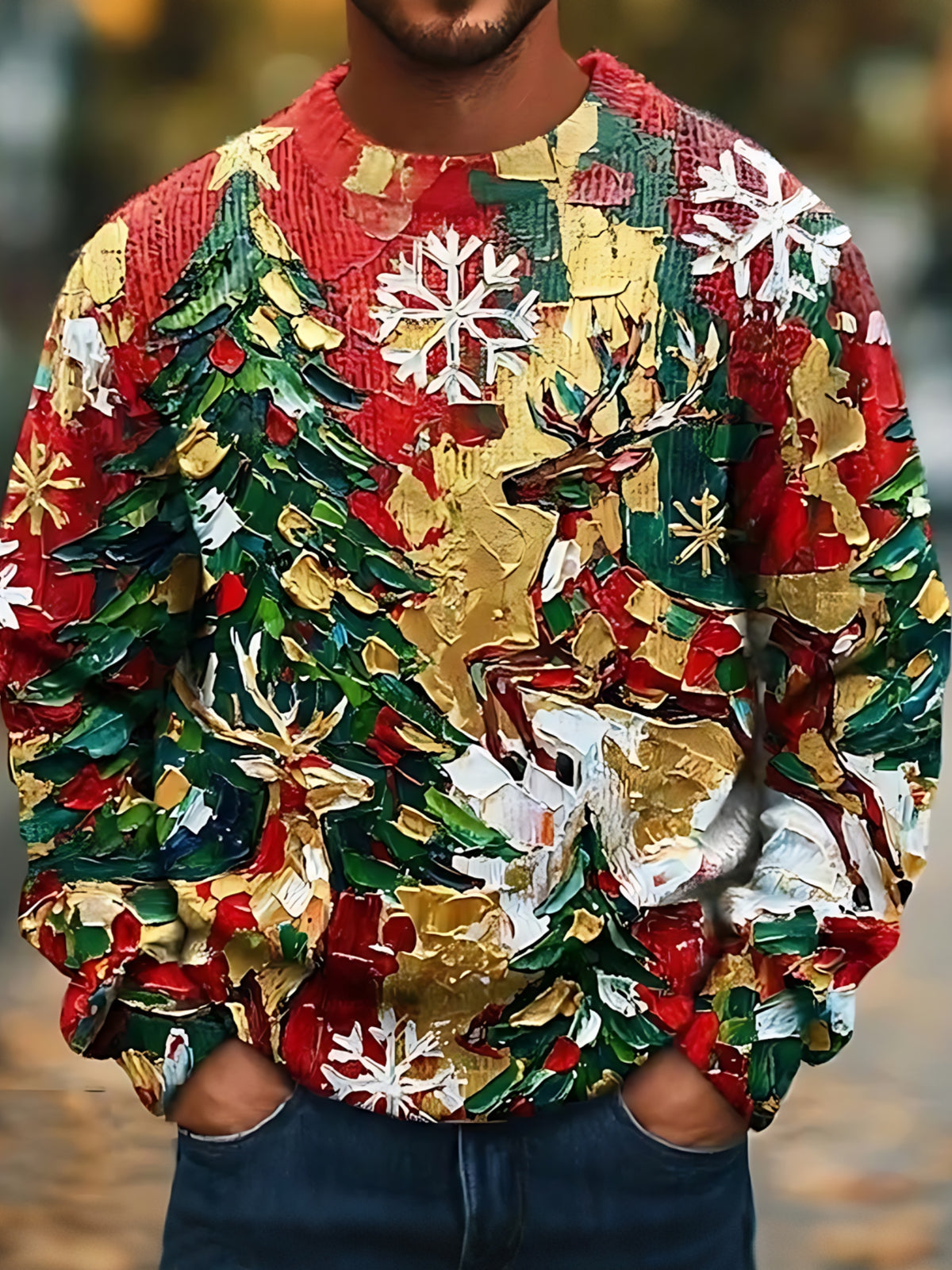 Oceanlyte Men's Christmas Reindeer And Christmas Trees Print Long Sleeve Sweater