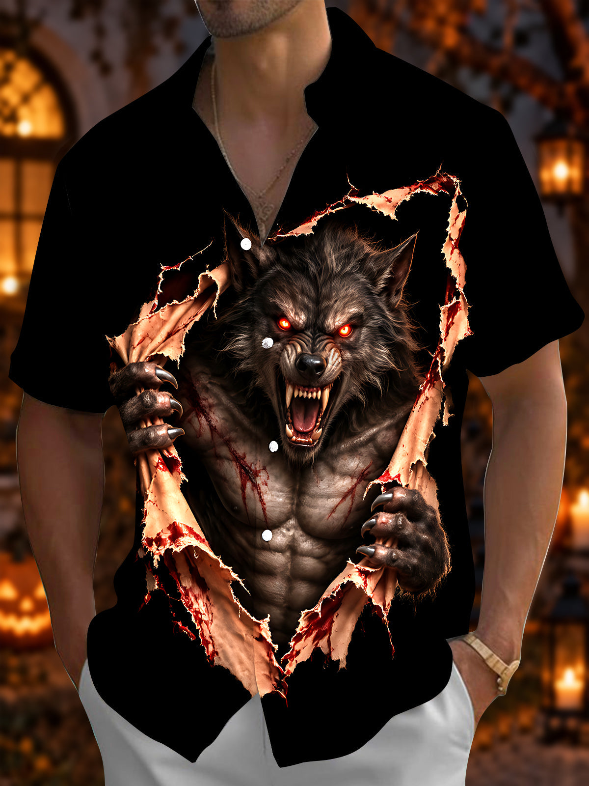 Oceanlyte Men's Short Sleeve Shirt - Halloween Werewolf Bursting Through Shirt Print with Chest Pocket