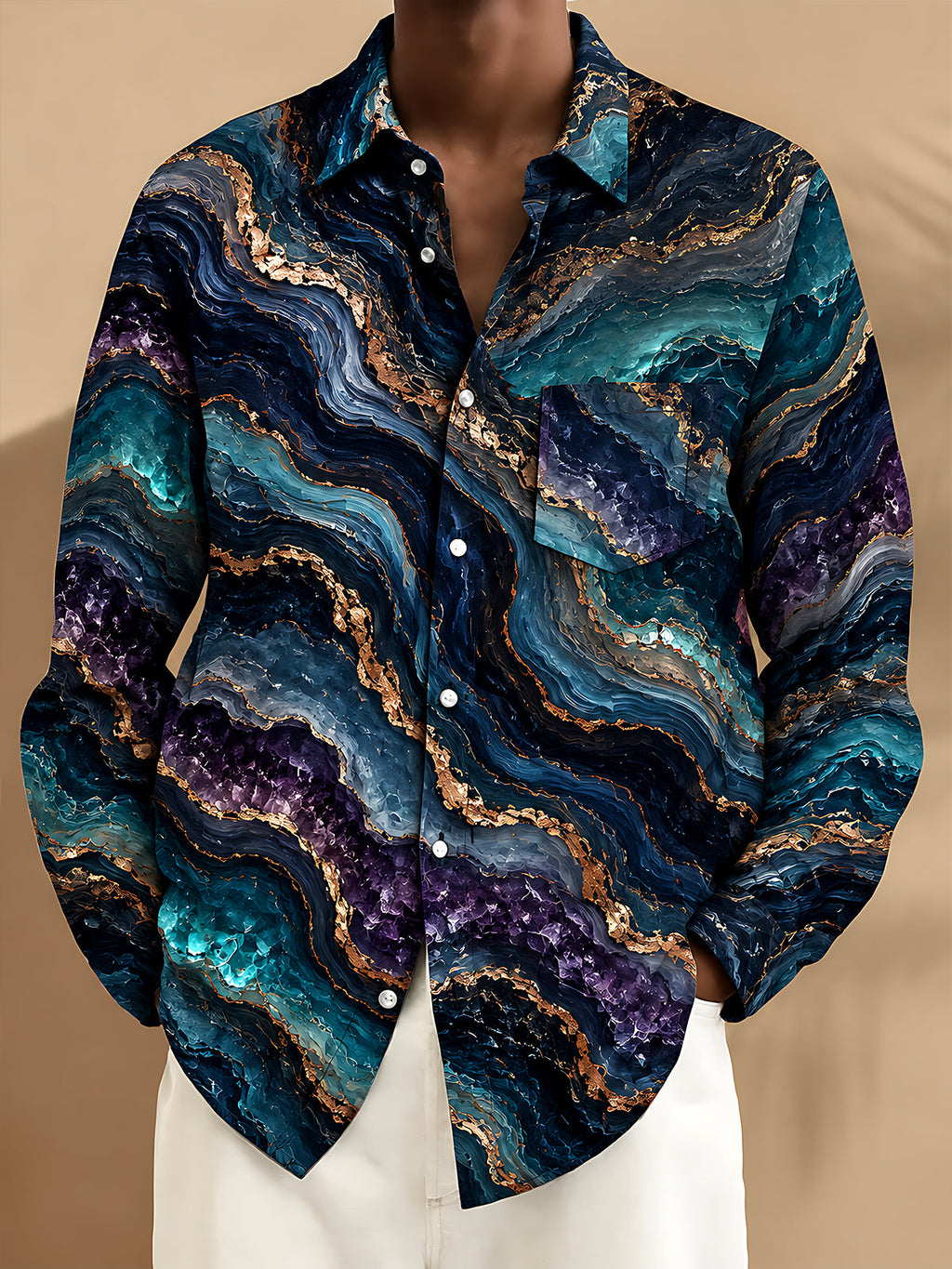 Oceanlyte Men's Abstract Marble And Agate Waves Print Long Sleeve Shirt with Chest Pocket