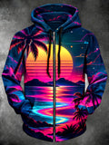 Oceanlyte Men's Long Sleeve Zip-Up Hoodie - Retro Sunset With Palm Trees And Mountains Print with Kangaroo Pocket