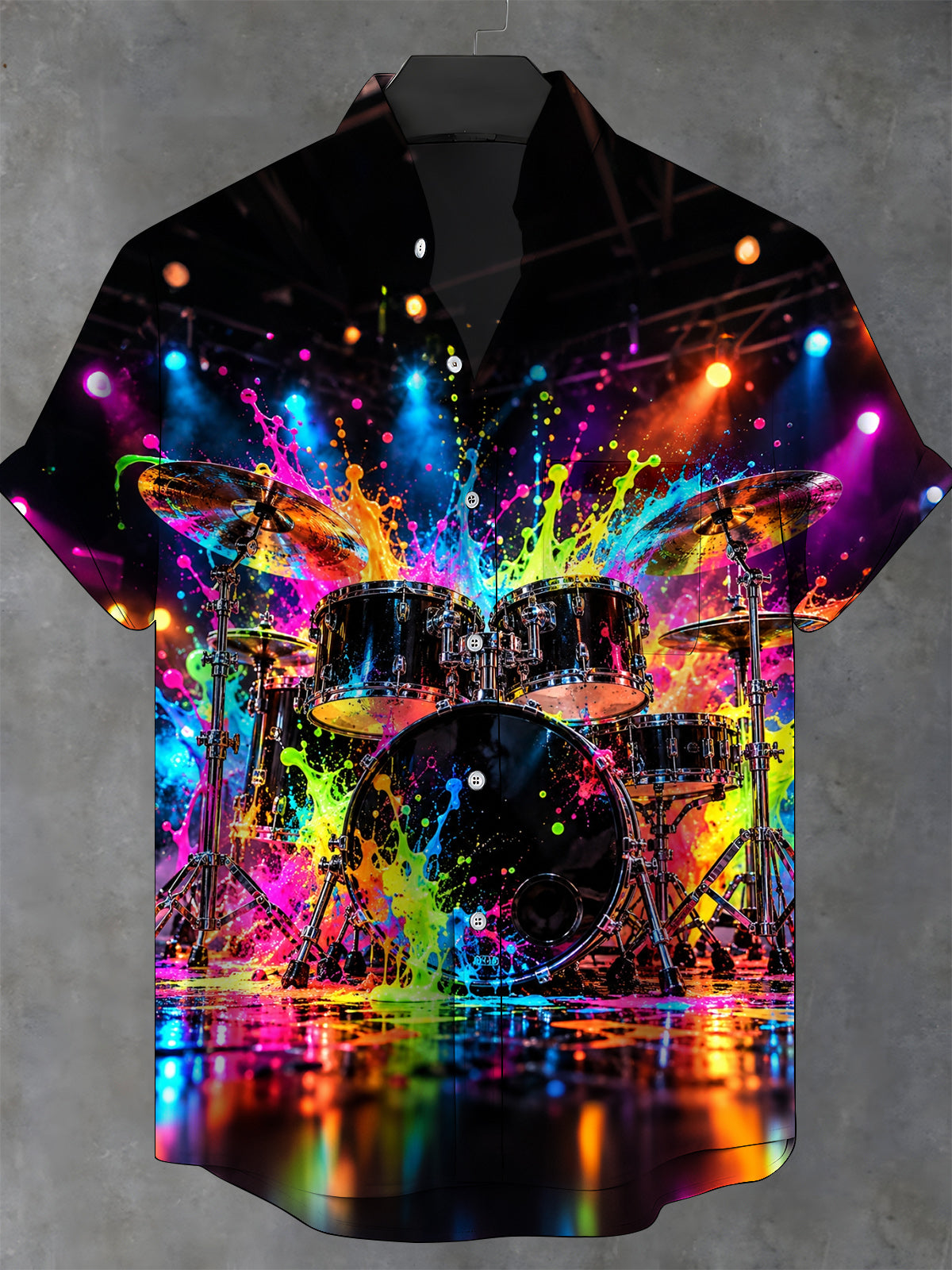 Oceanlyte Men's Short Sleeve Stand Collar Shirt - Drum Set With Colorful Paint Splashes Print with Chest Pocket