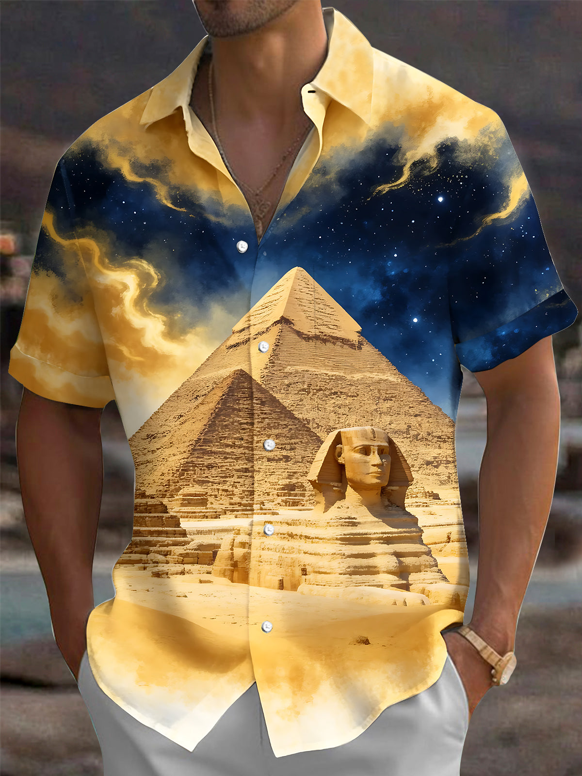 Oceanlyte Men's Hawaiian Egyptian Sphinx And Pyramid Print Short Sleeve Shirt with Chest Pocket