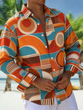 Oceanlyte Men's Retro Geometric Circles And Stripes Print Long Sleeve Shirt with Chest Pocket