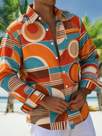 Oceanlyte Men's Retro Geometric Circles And Stripes Print Long Sleeve Shirt with Chest Pocket