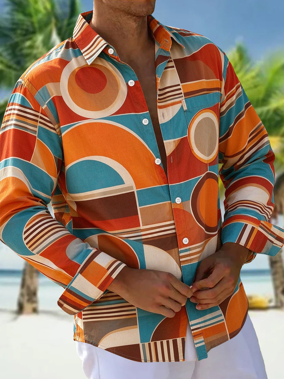 Oceanlyte Men's Retro Geometric Circles And Stripes Print Long Sleeve Shirt with Chest Pocket