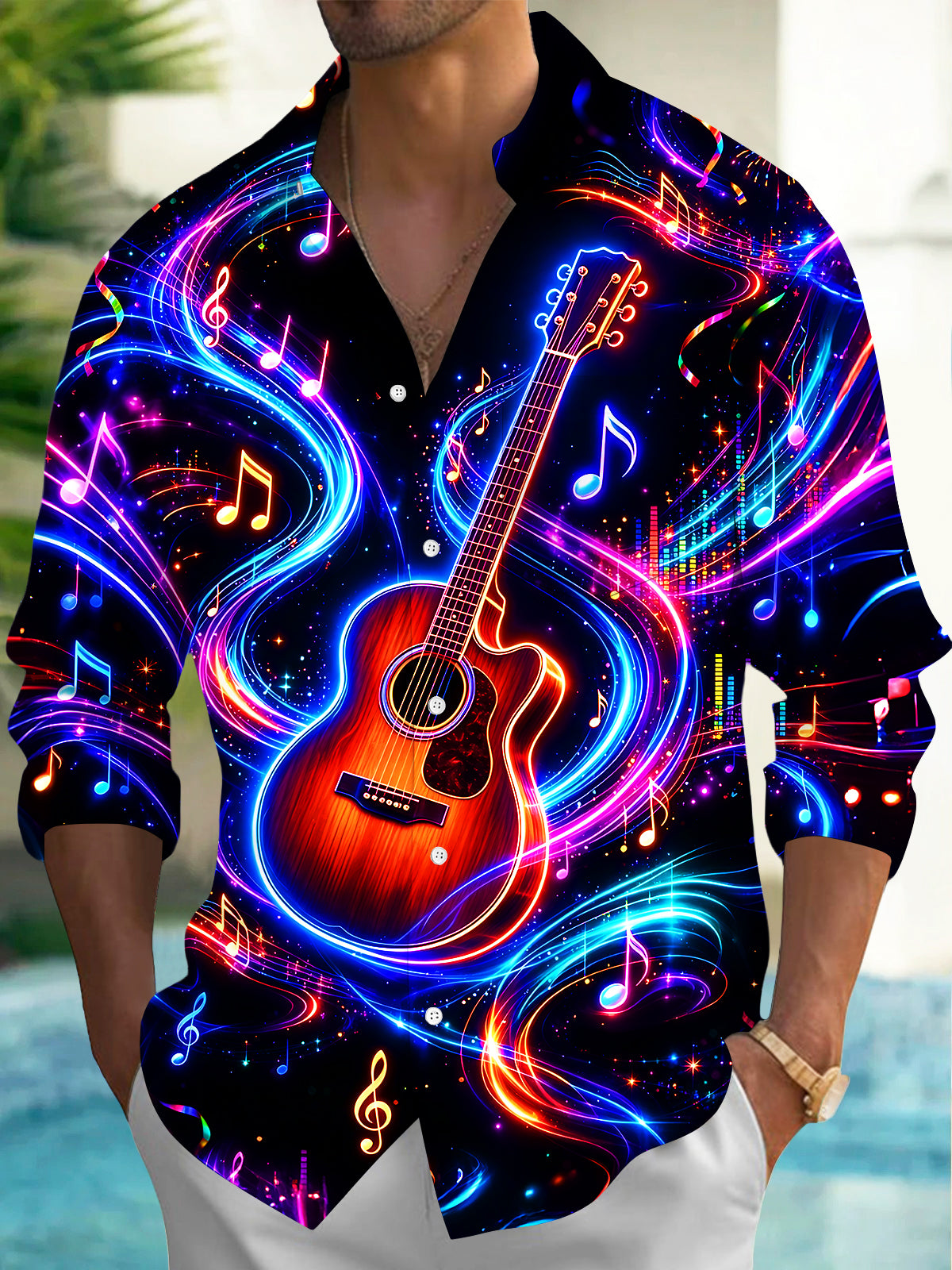 Oceanlyte Men's Graphic Neon Guitar And Music Notes Print Long Sleeve Shirt with Chest Pocket