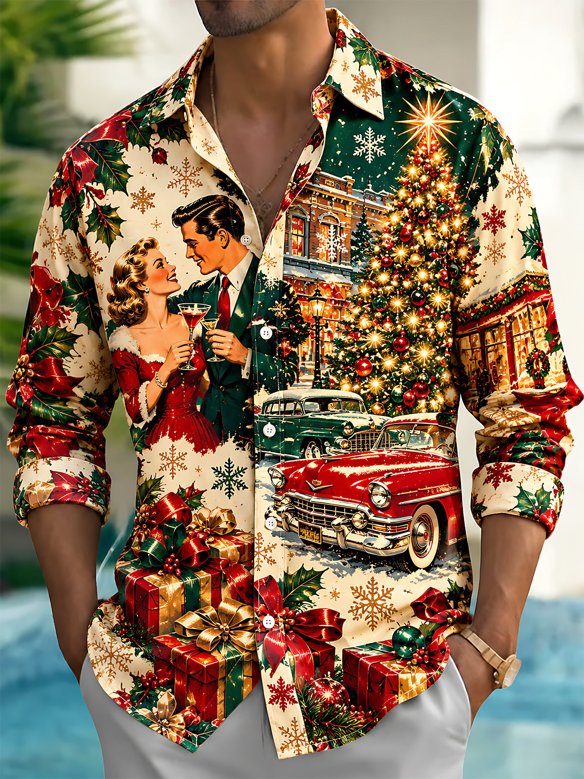 Oceanlyte Men's Long Sleeve Shirt - Vintage Couple And Christmas Street Scene Print with Chest Pocket