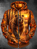 Oceanlyte Men's Brown Bear In Autumn Forest Print Long Sleeve Zip-Up Hoodie