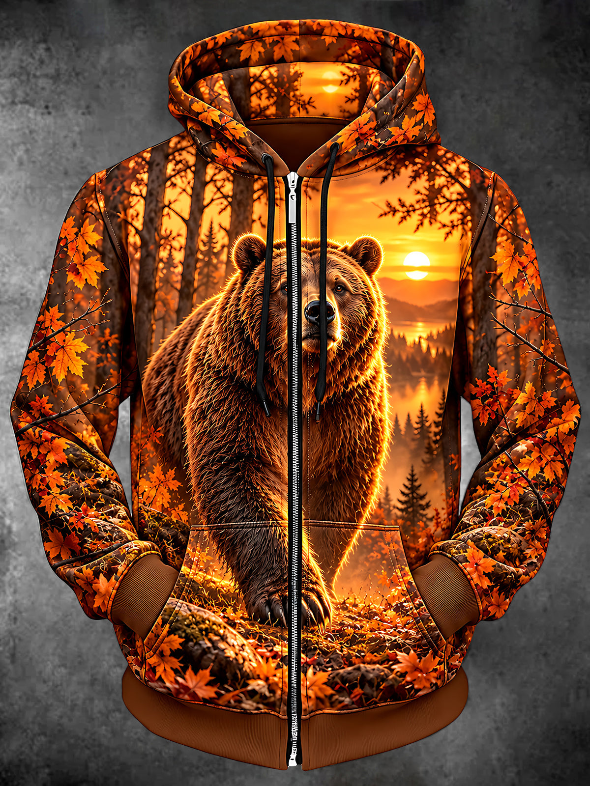Oceanlyte Men's Brown Bear In Autumn Forest Print Long Sleeve Zip-Up Hoodie