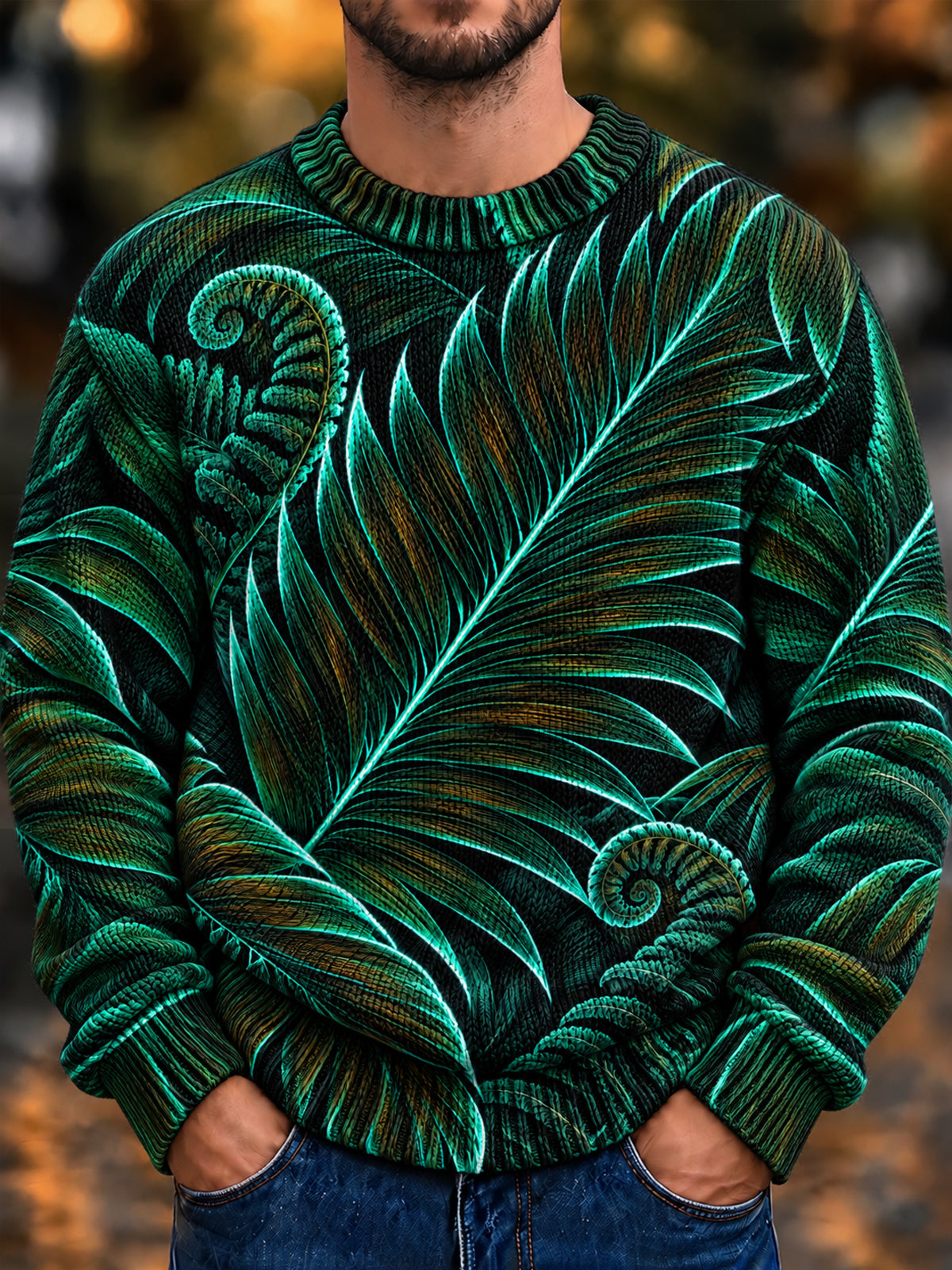 Oceanlyte Men's Long Sleeve Crew Neck Sweater - Tropical Palm Leaves And Fern Fiddleheads Print