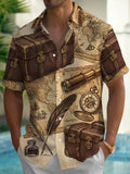 Oceanlyte Men's Vintage Travel Suitcases And Maps Print Short Sleeve Shirt with Chest Pocket