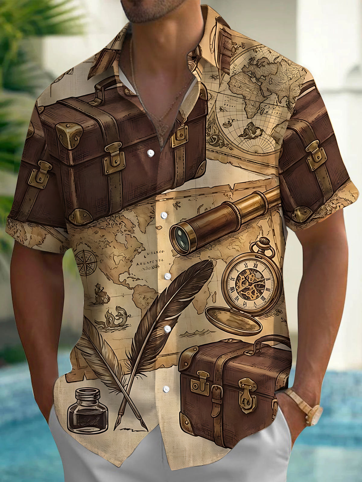 Oceanlyte Men's Vintage Travel Suitcases And Maps Print Short Sleeve Shirt with Chest Pocket