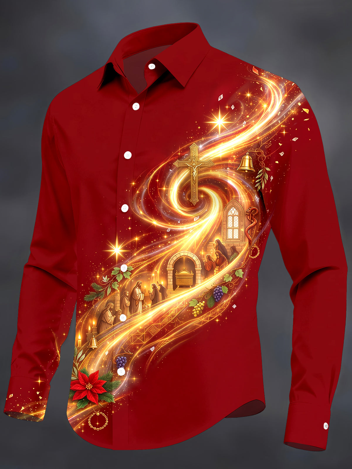 Oceanlyte Men's Long Sleeve Shirt - Christmas Christian Church Scene With Cross And Poinsettia Print with Chest Pocket
