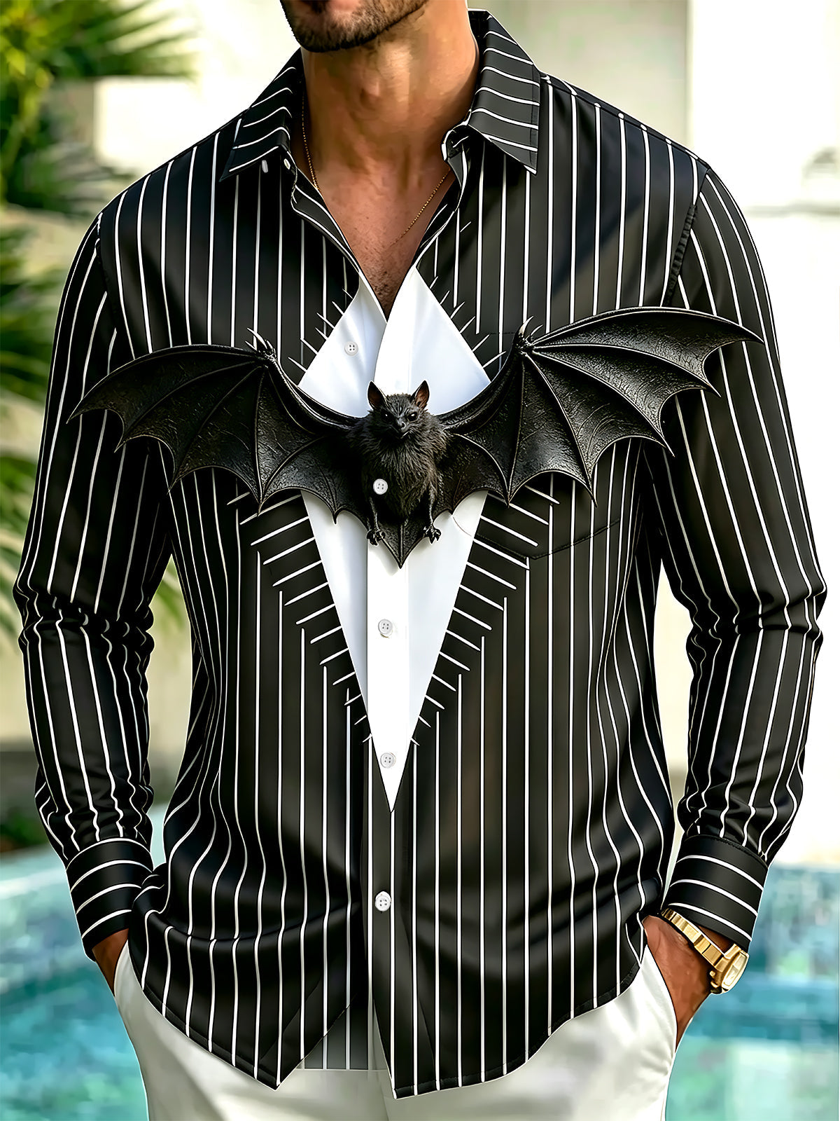 Oceanlyte Men's Halloween 3D Bat With Spread Wings Print Long Sleeve Shirt with Chest Pocket
