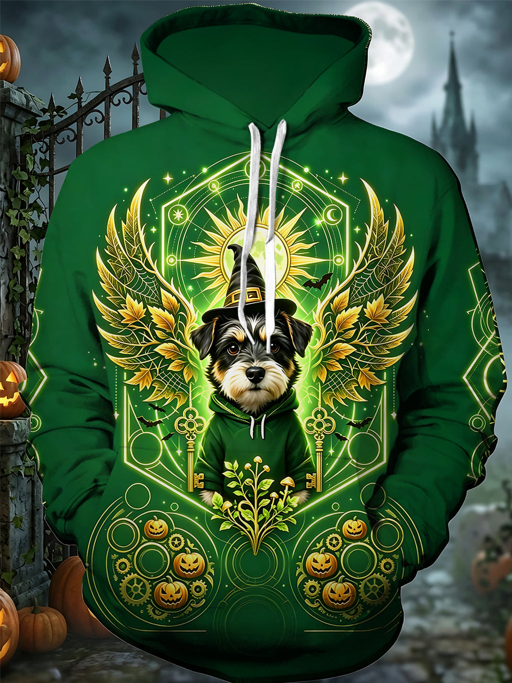 Oceanlyte Men's Graphic Halloween Dog Wizard Print Long Sleeve Hoodie with Chest Pocket