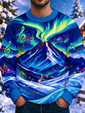 Oceanlyte Men's Long Sleeve Crew Neck Sweater - Volcano With Aurora Borealis And Music Notes Print