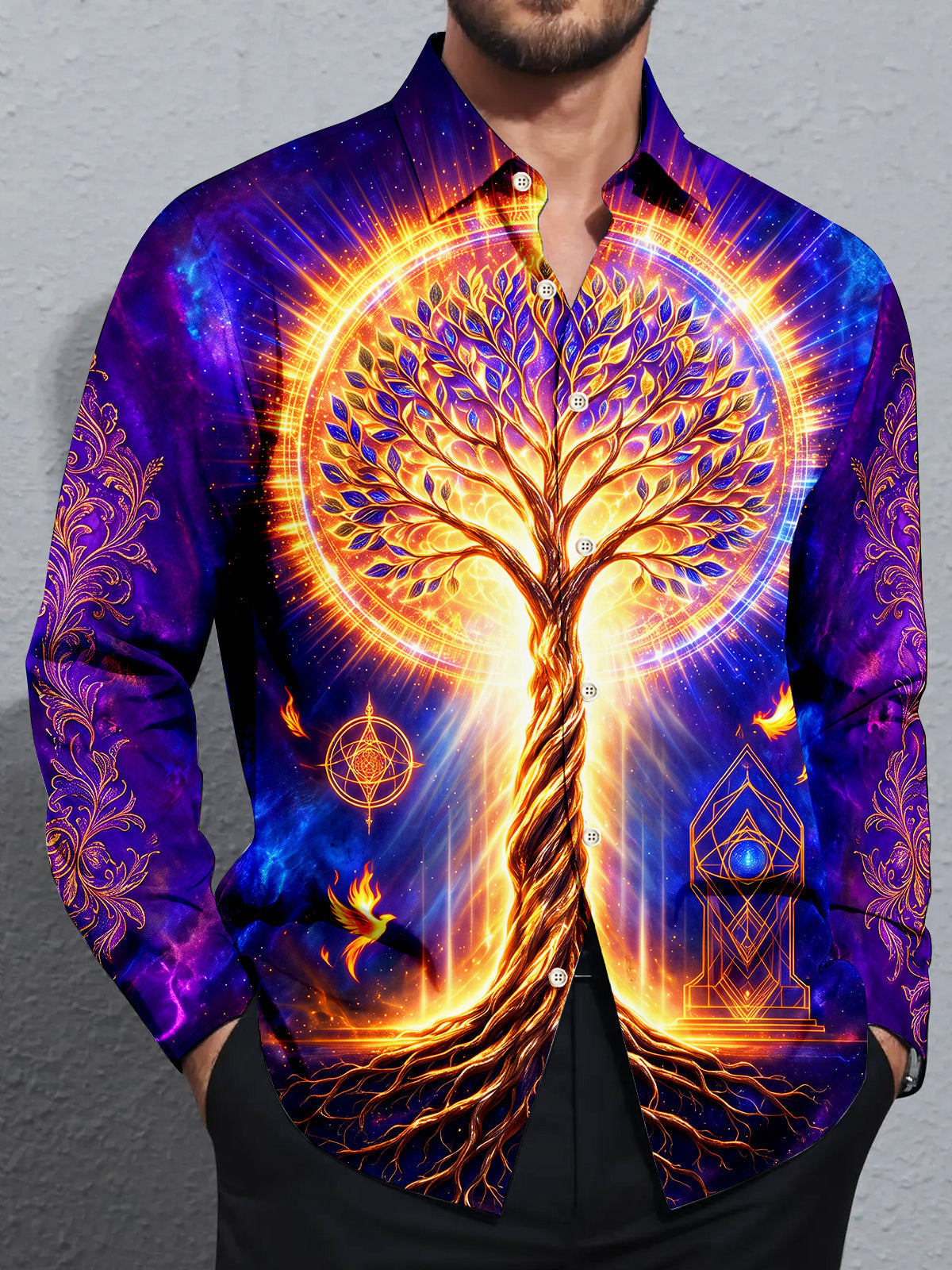 Oceanlyte Men's Graphic Tree Of Life And Phoenix Print Long Sleeve Shirt with Chest Pocket