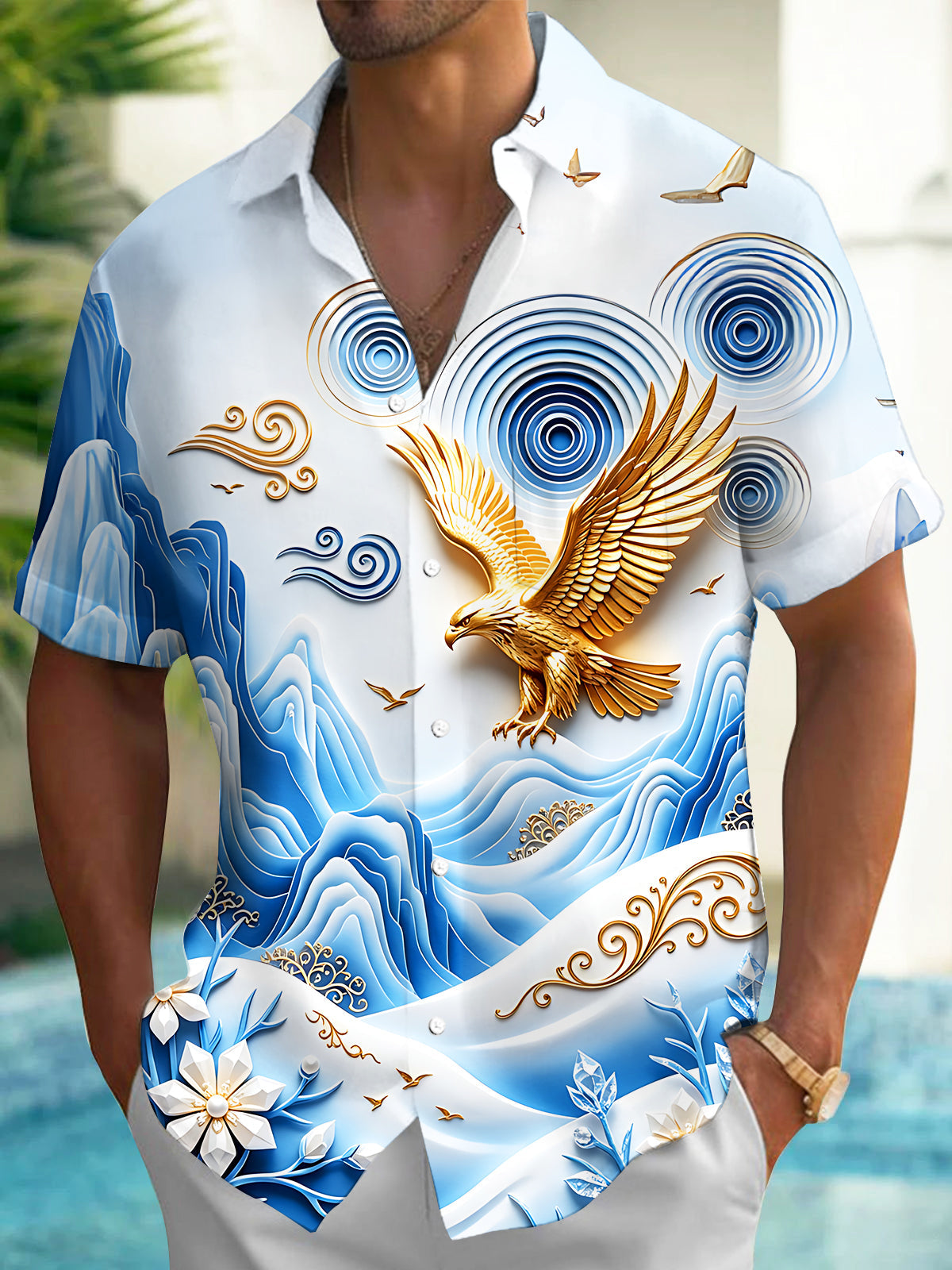 Oceanlyte Men's Golden Eagle And Mountain Landscape Print Short Sleeve Shirt with Chest Pocket