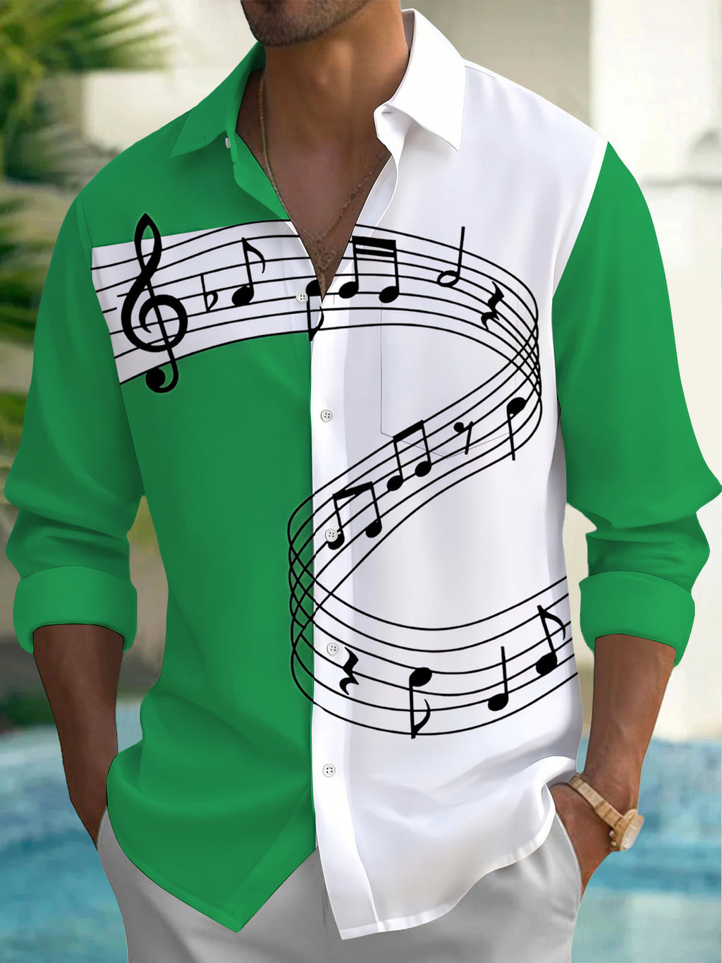 Oceanlyte Men's Printed Musical Notes And Staff Lines Print Long Sleeve Shirt with Chest Pocket
