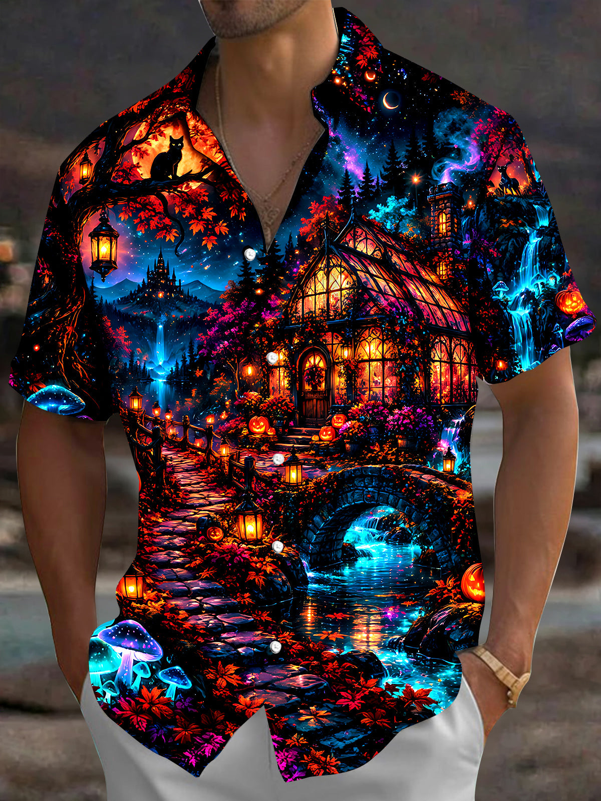 Oceanlyte Men's Halloween Black Cats And Pumpkins Print Short Sleeve Shirt with Chest Pocket