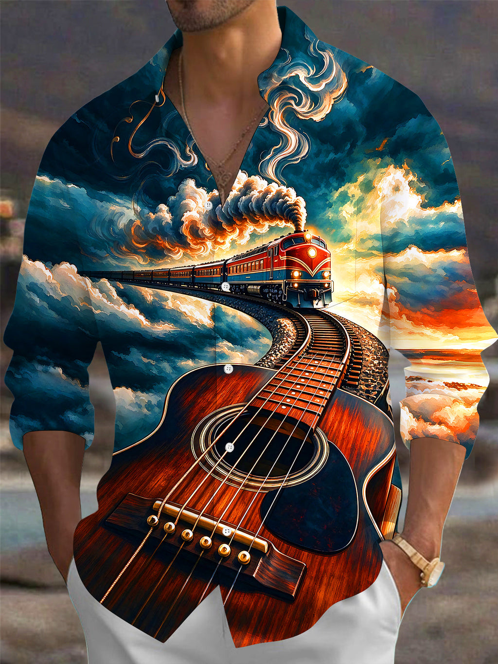 Oceanlyte Men's Graphic Guitar And Steam Train Print Long Sleeve Shirt with Chest Pocket