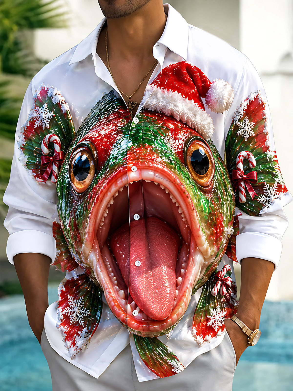 Oceanlyte Men's Graphic Christmas Fish With Santa Hat Print Long Sleeve Shirt with Chest Pocket