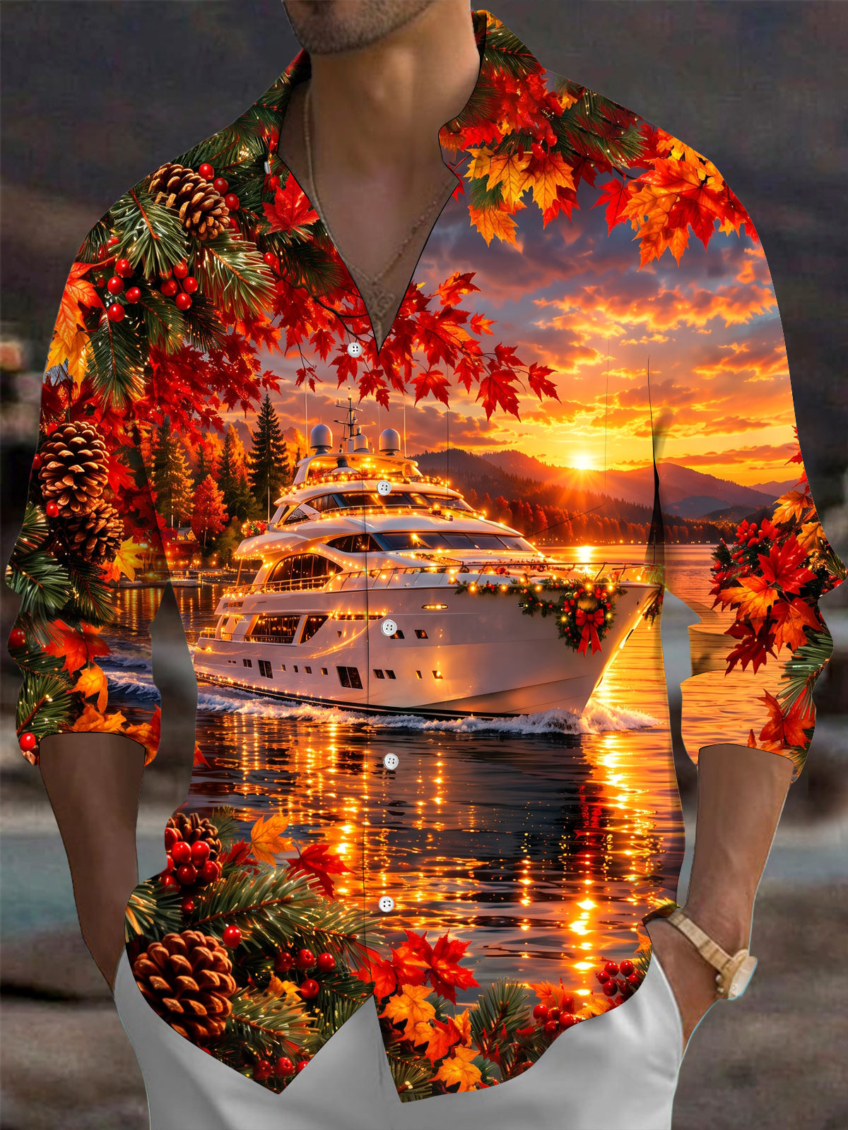 Oceanlyte Men's Short Sleeve Shirt - Cruise Ship With Christmas Wreath And Autumn Leaves Print with Chest Pocket
