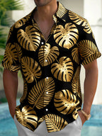 Oceanlyte Men's Gold Palm Leaf And Monstera Leaf Print Short Sleeve Shirt with Chest Pocket