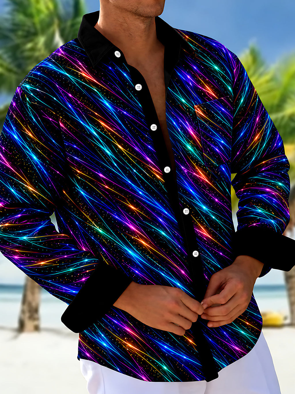 Oceanlyte Men's Striped Neon Geometric Lines Print Long Sleeve Shirt with Chest Pocket