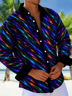 Oceanlyte Men's Striped Neon Geometric Lines Print Long Sleeve Shirt with Chest Pocket