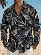 Oceanlyte Men's Hawaiian Tropical Leaves And Monstera Print Long Sleeve Shirt with Chest Pocket