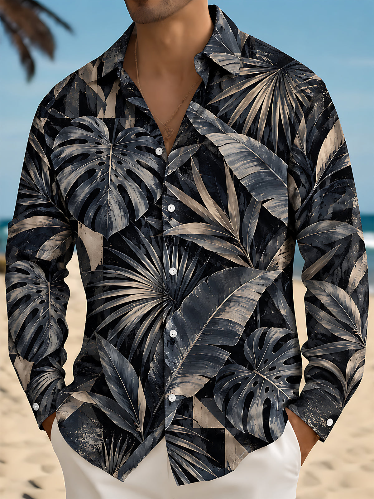 Oceanlyte Men's Hawaiian Tropical Leaves And Monstera Print Long Sleeve Shirt with Chest Pocket
