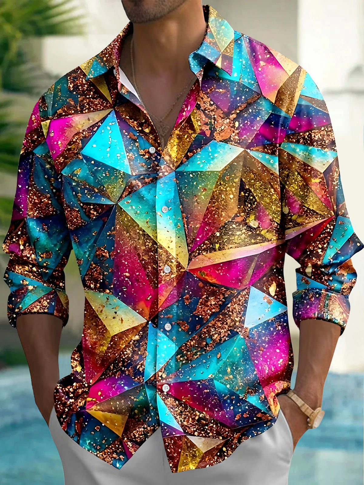 Oceanlyte Men's Long Sleeve Shirt - Colorful Geometric Shapes With Glitter Texture Print with Chest Pocket