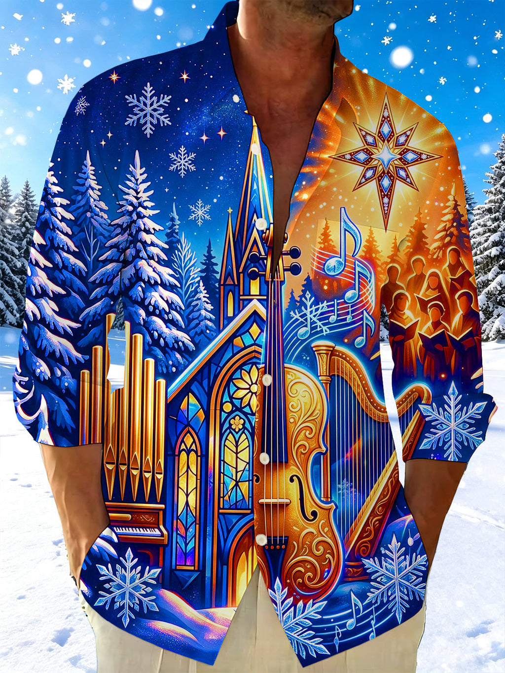 Oceanlyte Men's Long Sleeve Shirt - Christmas Stained Glass Church And Musical Instruments Print with Chest Pocket