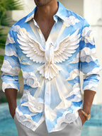 Oceanlyte Men's Printed White Dove And Clouds Print Long Sleeve Shirt with Chest Pocket
