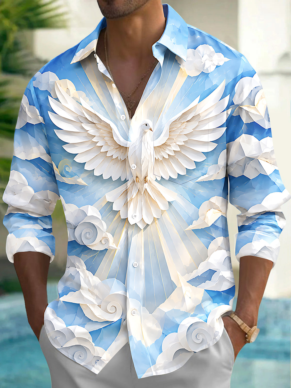 Oceanlyte Men's Printed White Dove And Clouds Print Long Sleeve Shirt with Chest Pocket