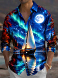 Oceanlyte Men's Long Sleeve Shirt - Sailing Boat On Lake With Aurora Borealis Print with Chest Pocket