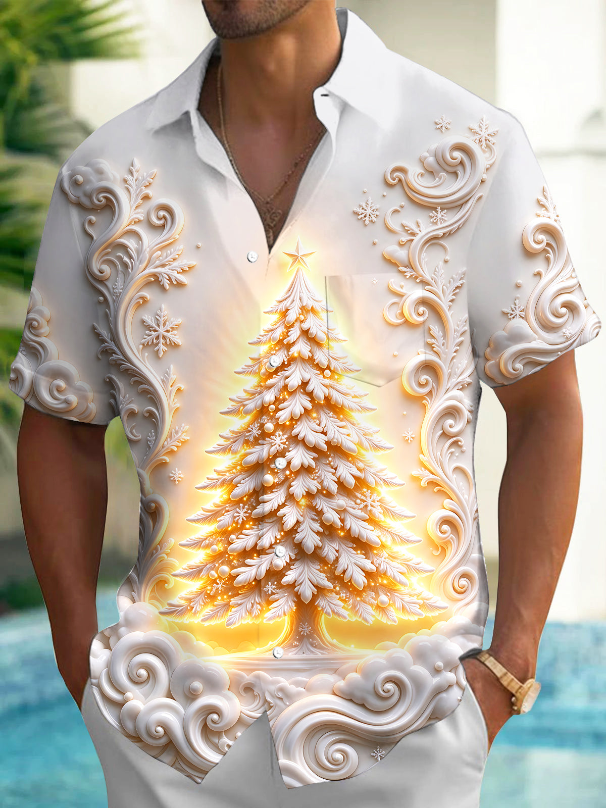 Oceanlyte Men's Glowing Christmas Tree With Scrollwork Print Short Sleeve Shirt with Chest Pocket