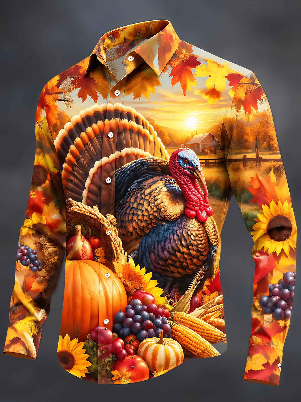 Oceanlyte Men's Long Sleeve Shirt - Thanksgiving Turkey And Harvest Cornucopia Print with Chest Pocket