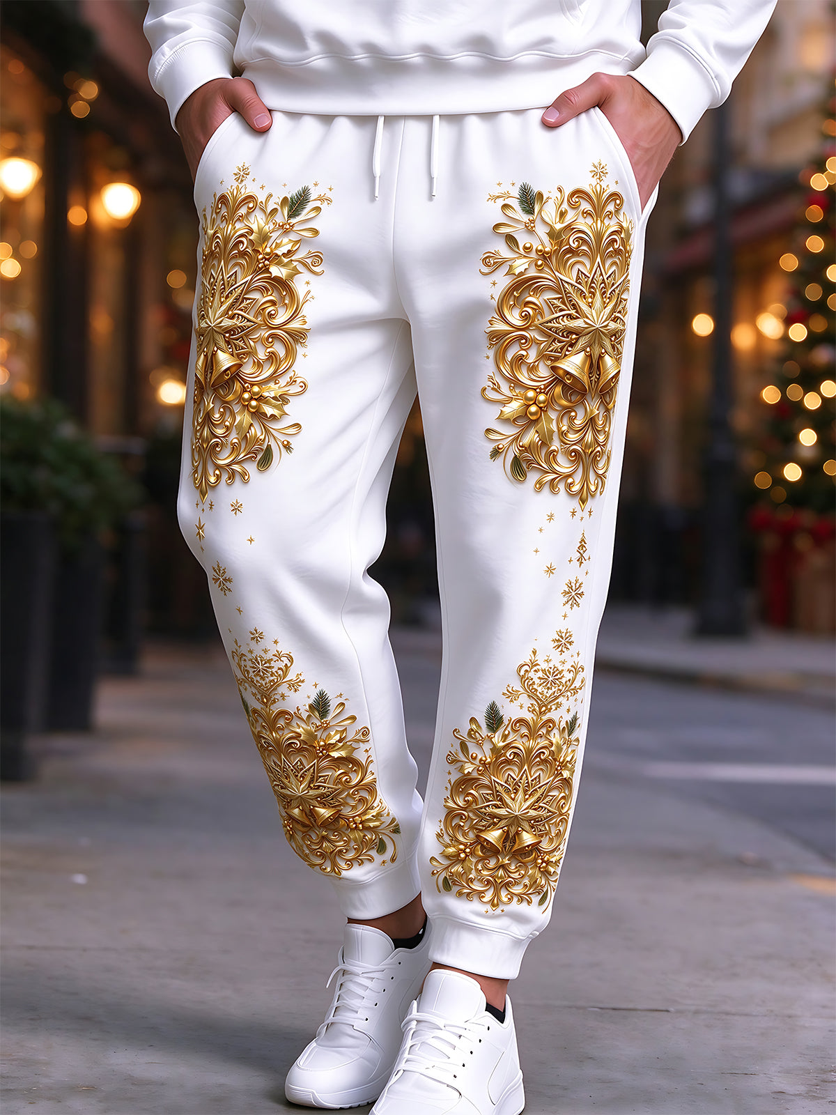 Oceanlyte Men's Gold Christmas Bells And Ornate Floral Relief Print Pants